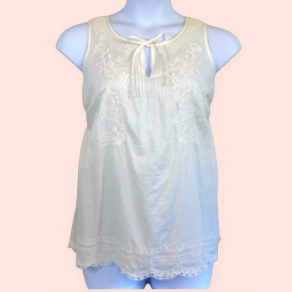 Talbots Women’s 1XP White Sleeveless Cotton Blouse with Embroidered Detail
